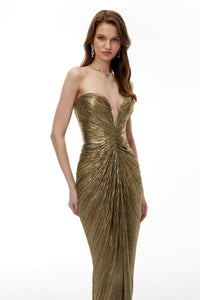 Guillermo Gold Off-Shoulder Maxi Dress