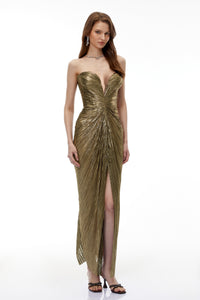 Guillermo Gold Off-Shoulder Maxi Dress