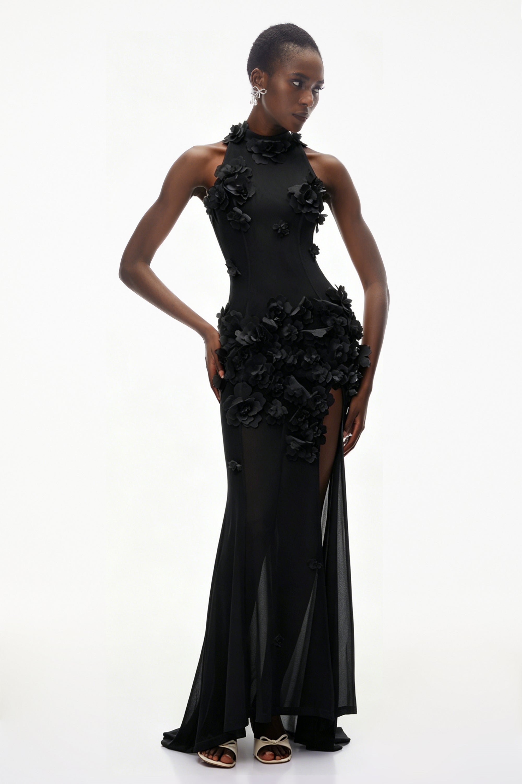 Guinevere Black Halterneck Maxi Dress with 3D Florals