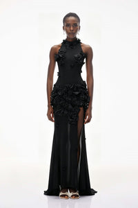 Guinevere Black Halterneck Maxi Dress with 3D Florals