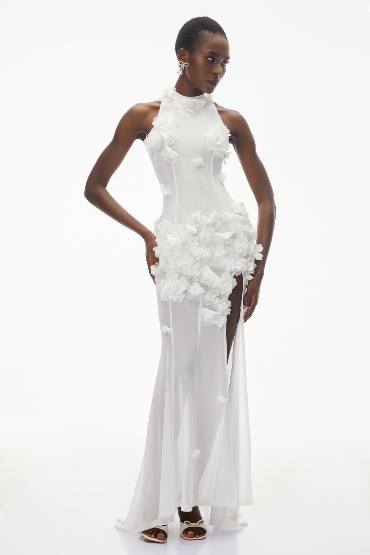 Guinevere White Halterneck Maxi Dress with 3D Florals