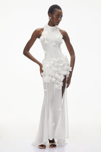 Guinevere White Halterneck Maxi Dress with 3D Florals