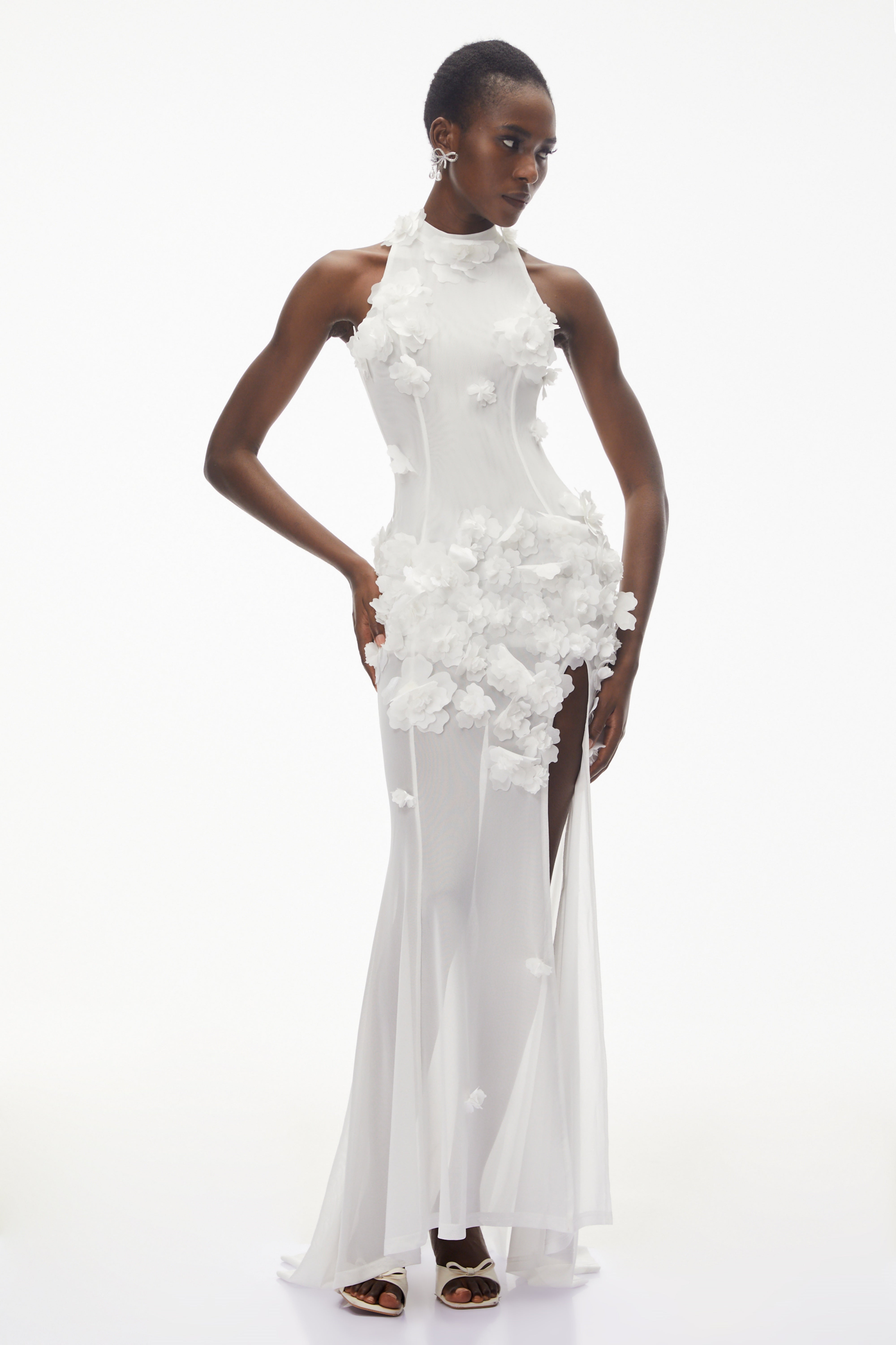 Guinevere White Halterneck Maxi Dress with 3D Florals