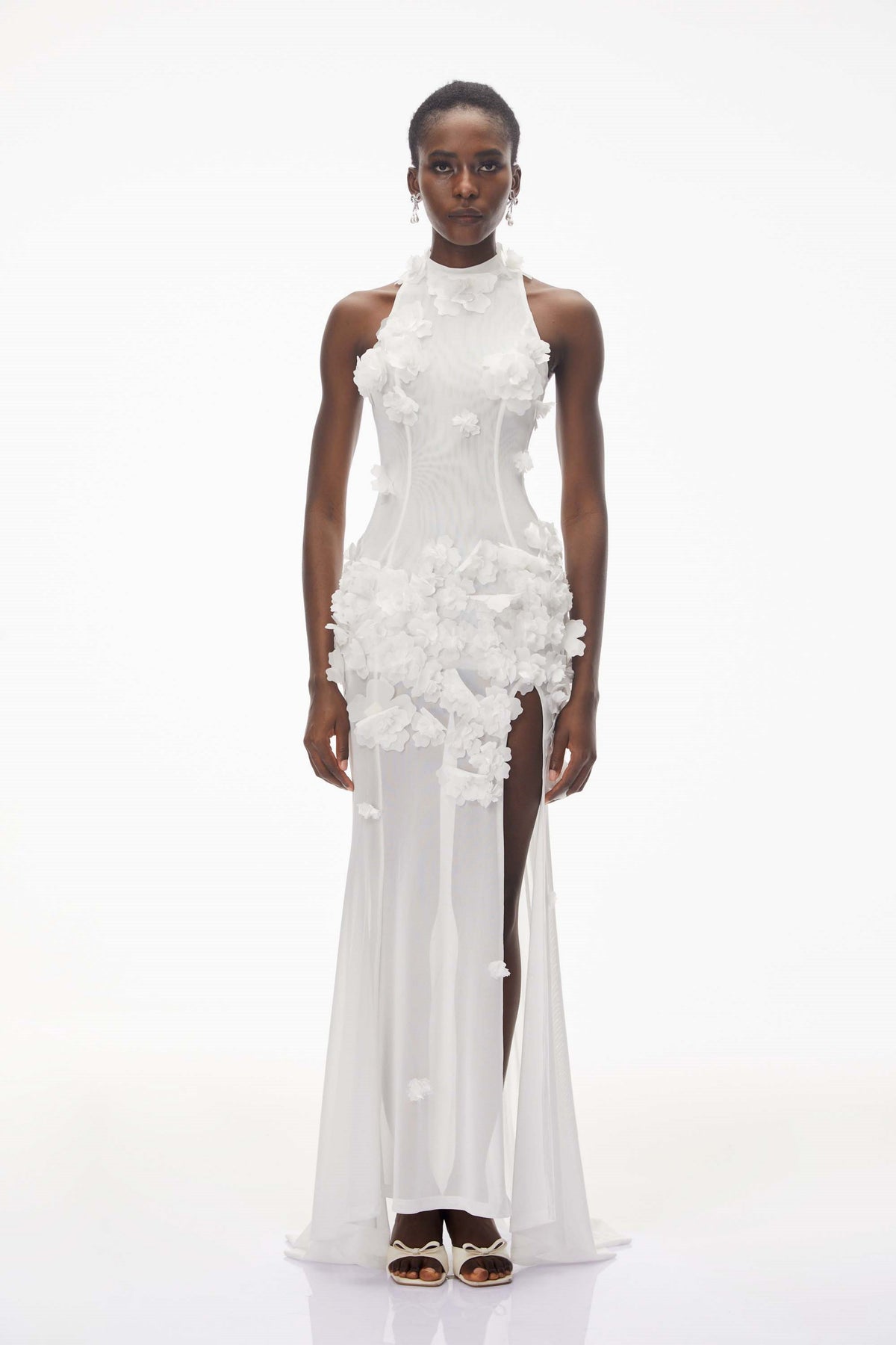 Guinevere White Halterneck Maxi Dress with 3D Florals
