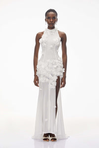 Guinevere White Halterneck Maxi Dress with 3D Florals