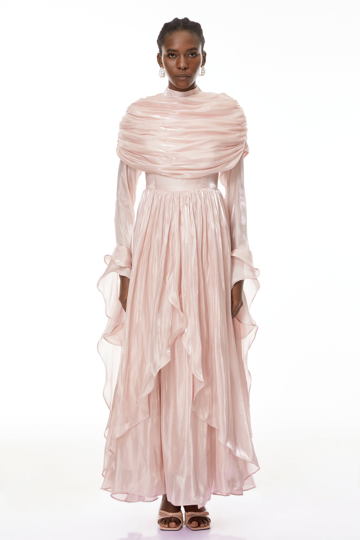 Gustave Pink Ruched Cape Ruffled Maxi Dress