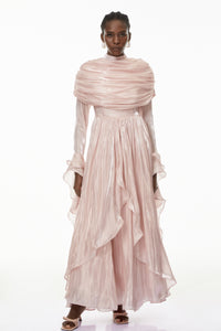 Gustave Pink Ruched Cape Ruffled Maxi Dress