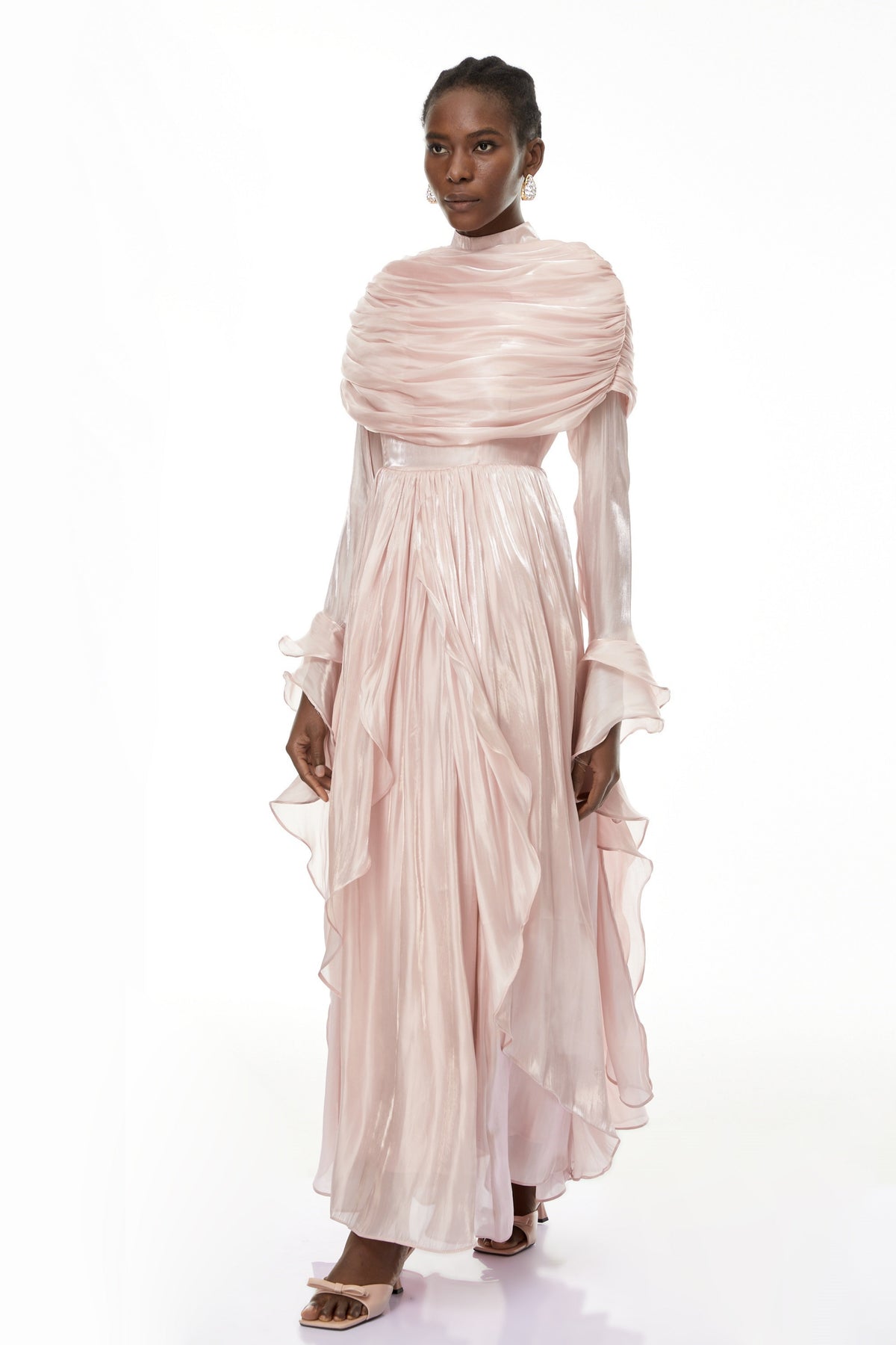 Gustave Pink Ruched Cape Ruffled Maxi Dress