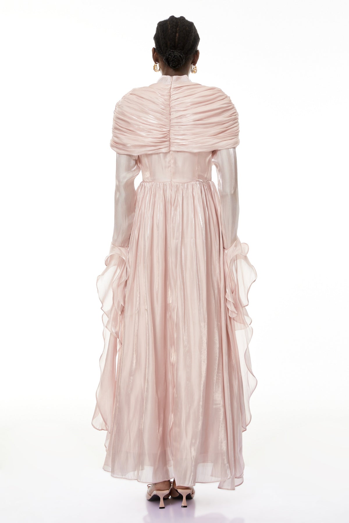 Gustave Pink Ruched Cape Ruffled Maxi Dress
