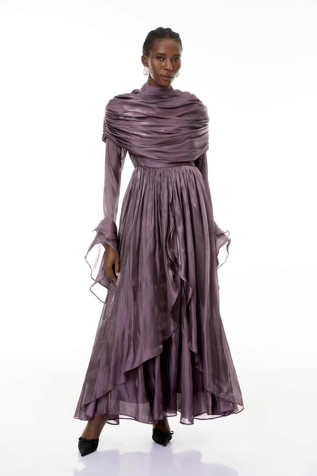 Gustave Purple Ruched Cape Ruffled Maxi Dress