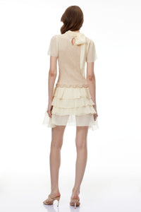 Halcyone Neutral Knit Chiffon Mini Dress