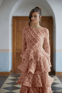 Halla Pink Tiered Floral Lace Maxi Dress