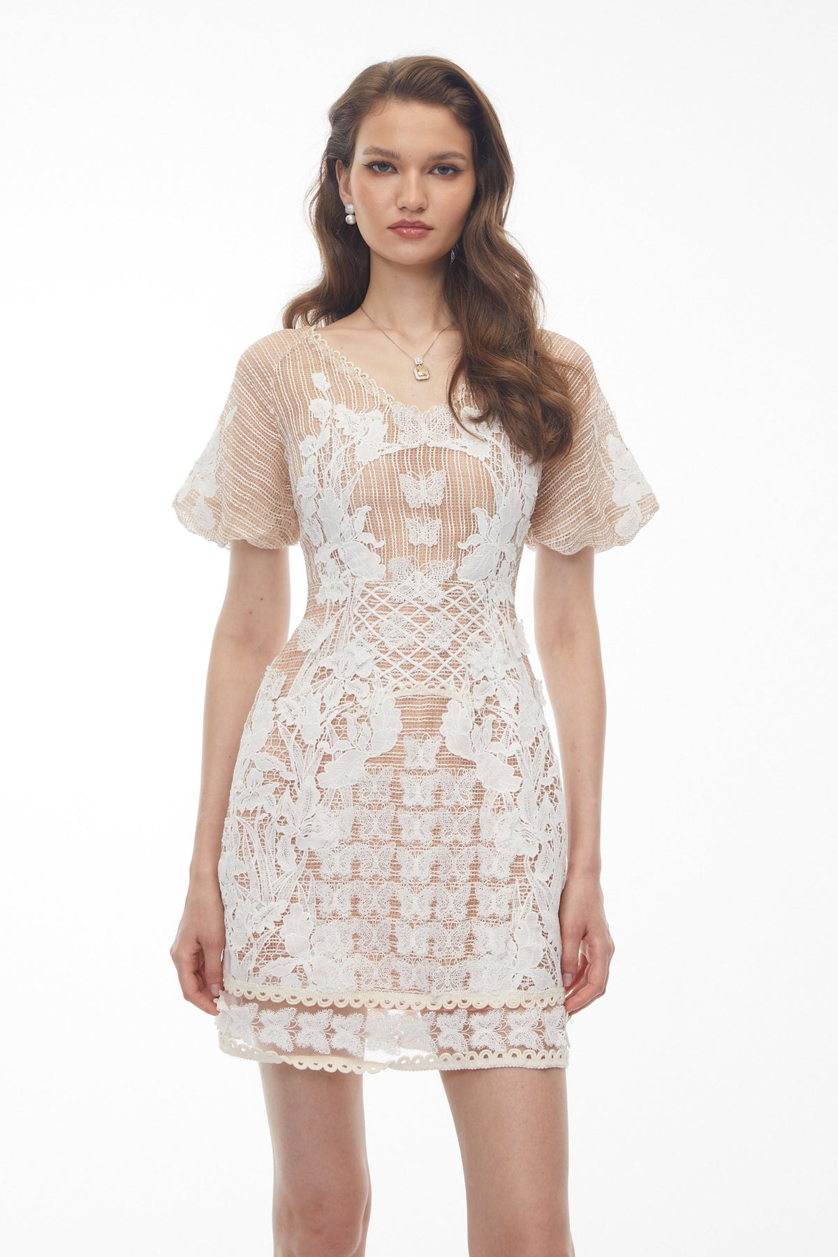 Halsey Neutral Lace Mini Dress with Butterfly Appliqué