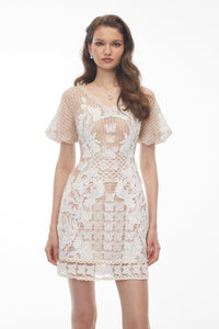 Halsey Neutral Lace Mini Dress with Butterfly Appliqué