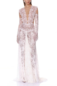 Hanna White Sheer Lace Maxi Dress with Deep V-Neck (Without Gloves)