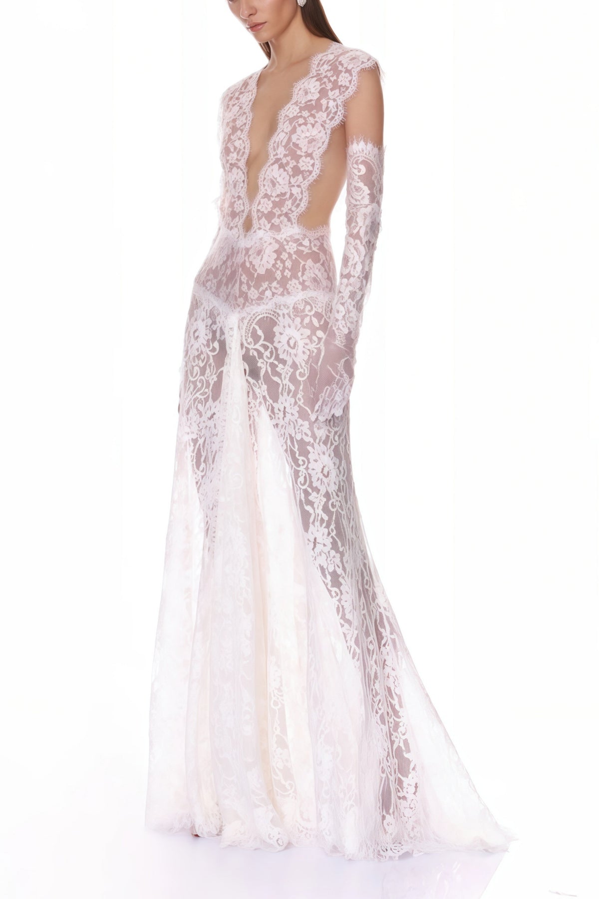 Hanna White Sheer Lace Maxi Dress with Deep V-Neck (Without Gloves)