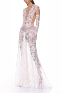 Hanna White Sheer Lace Maxi Dress with Deep V-Neck (Without Gloves)