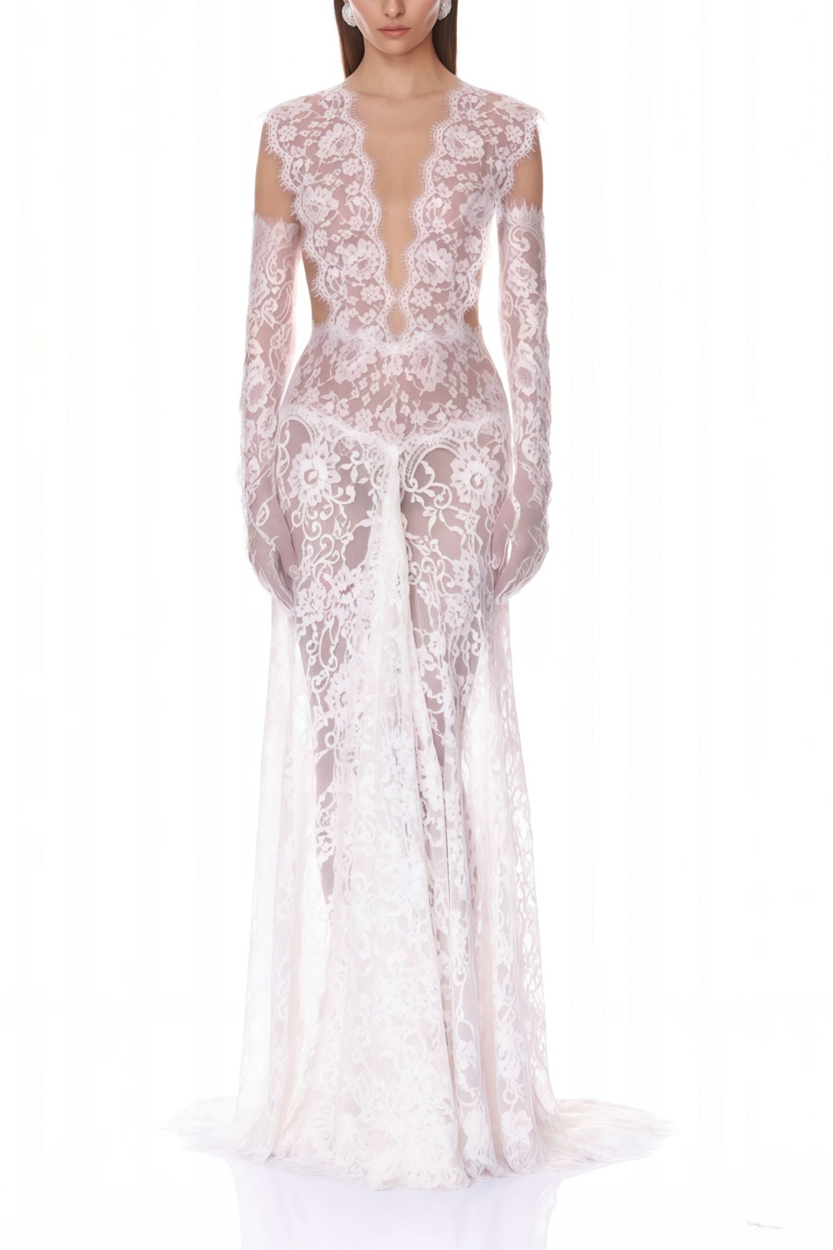 Hanna White Sheer Lace Maxi Dress with Deep V-Neck (Without Gloves)