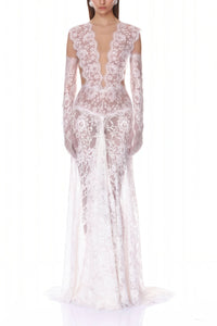 Hanna White Sheer Lace Maxi Dress with Deep V-Neck (Without Gloves)
