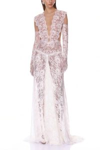 Hanna White Sheer Lace Maxi Dress with Deep V-Neck (Without Gloves)