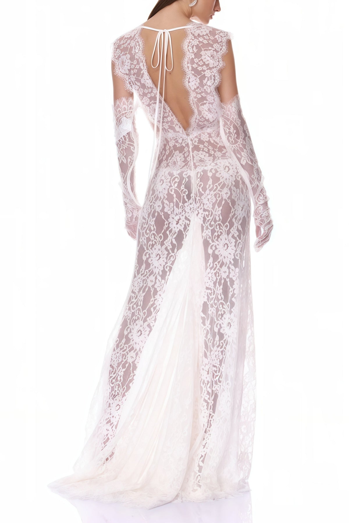 Hanna White Sheer Lace Maxi Dress with Deep V-Neck (Without Gloves)