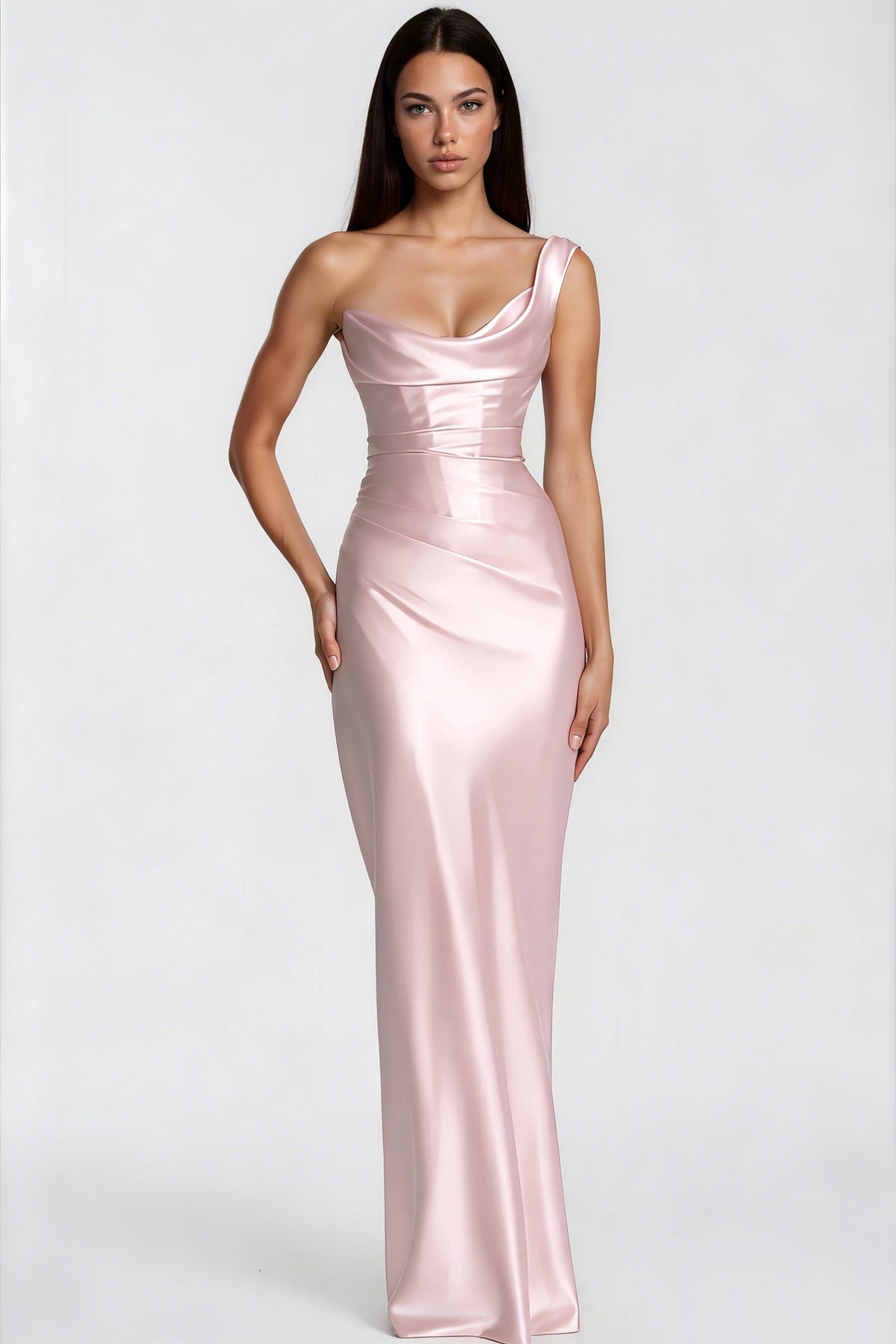 Hannah Pink One Shoulder Satin Maxi Dress
