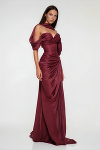 Hazel Burgundy Asymmetrical Draped Maxi Dress