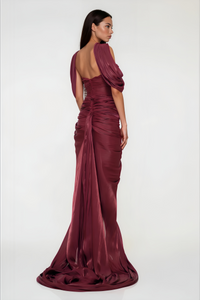 Hazel Burgundy Asymmetrical Draped Maxi Dress