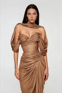 Hazel Gold Asymmetrical Draped Maxi Dress