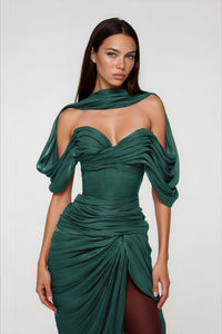 Hazel Green Asymmetrical Draped Maxi Dress