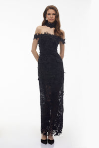Hecate Black Beaded Lace Maxi Dress with 3D Florals