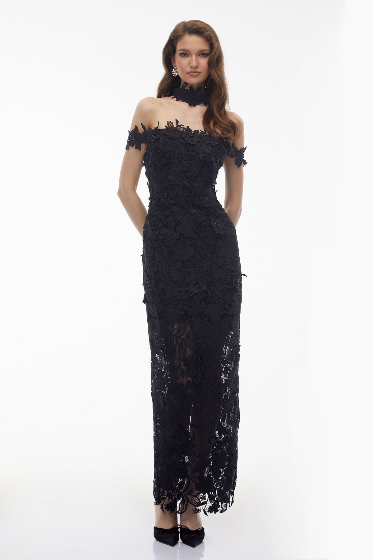 Hecate Black Beaded Lace Maxi Dress with 3D Florals