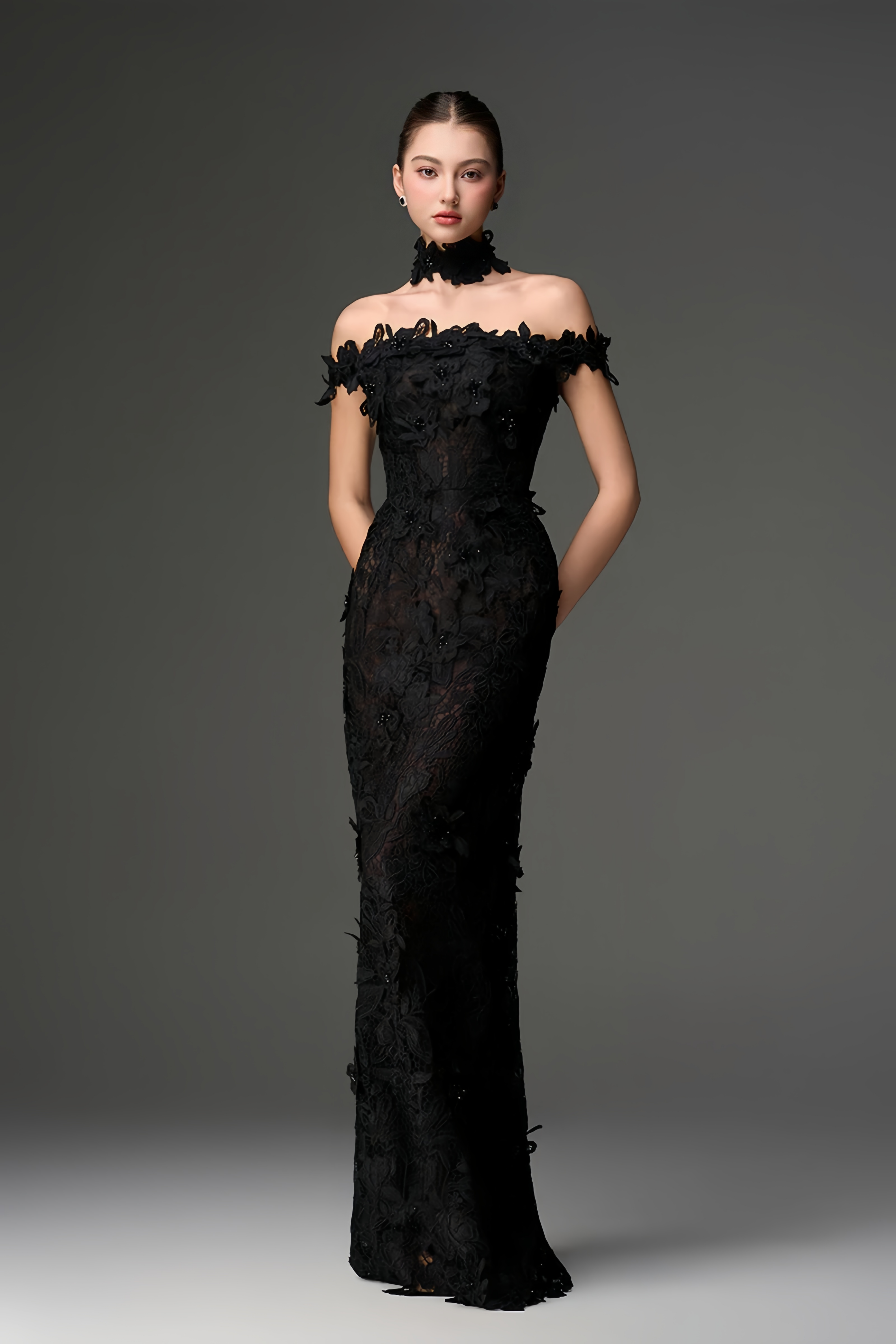 Hecate Black Beaded Lace Maxi Dress with 3D Florals