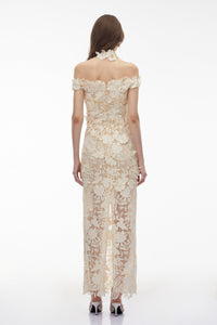 Hecate White Beaded Lace Maxi Dress with 3D Florals
