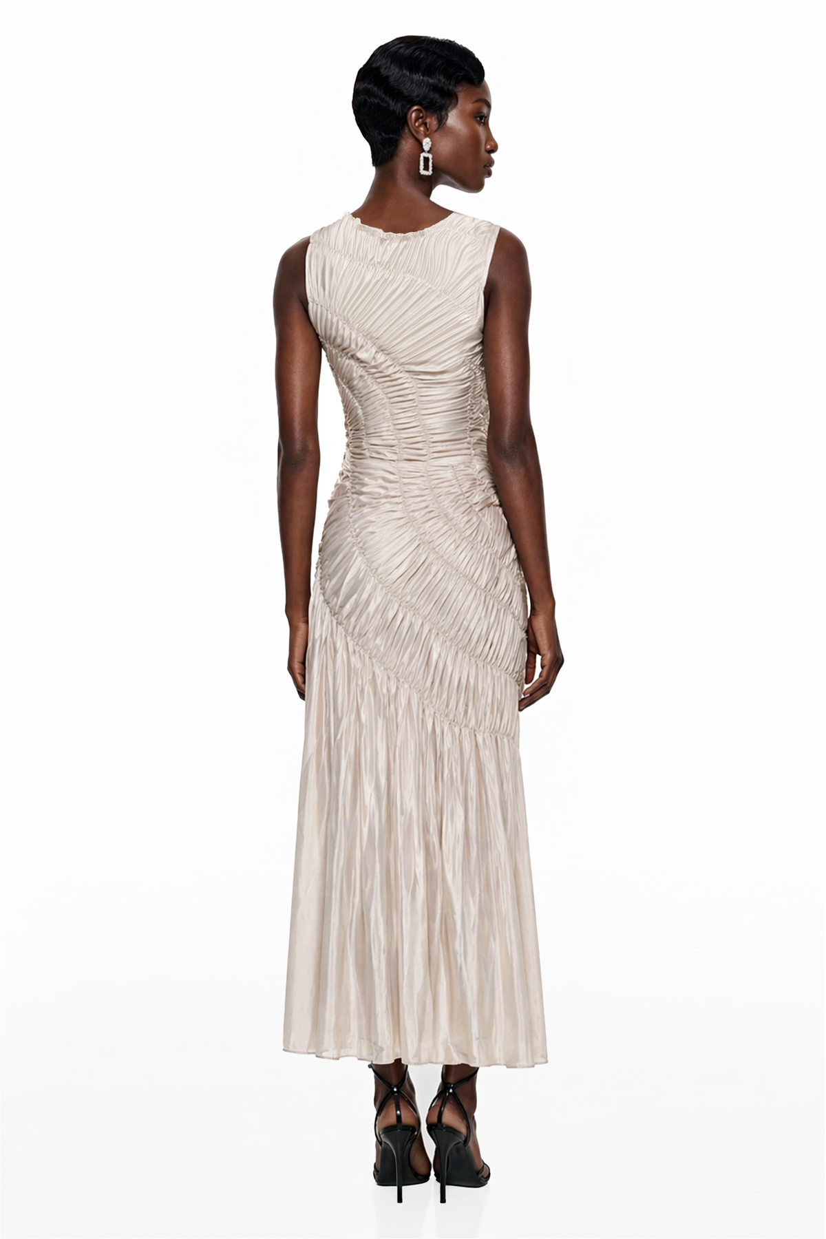 Hestia Champagne Ruched Asymmetrical Maxi Dress