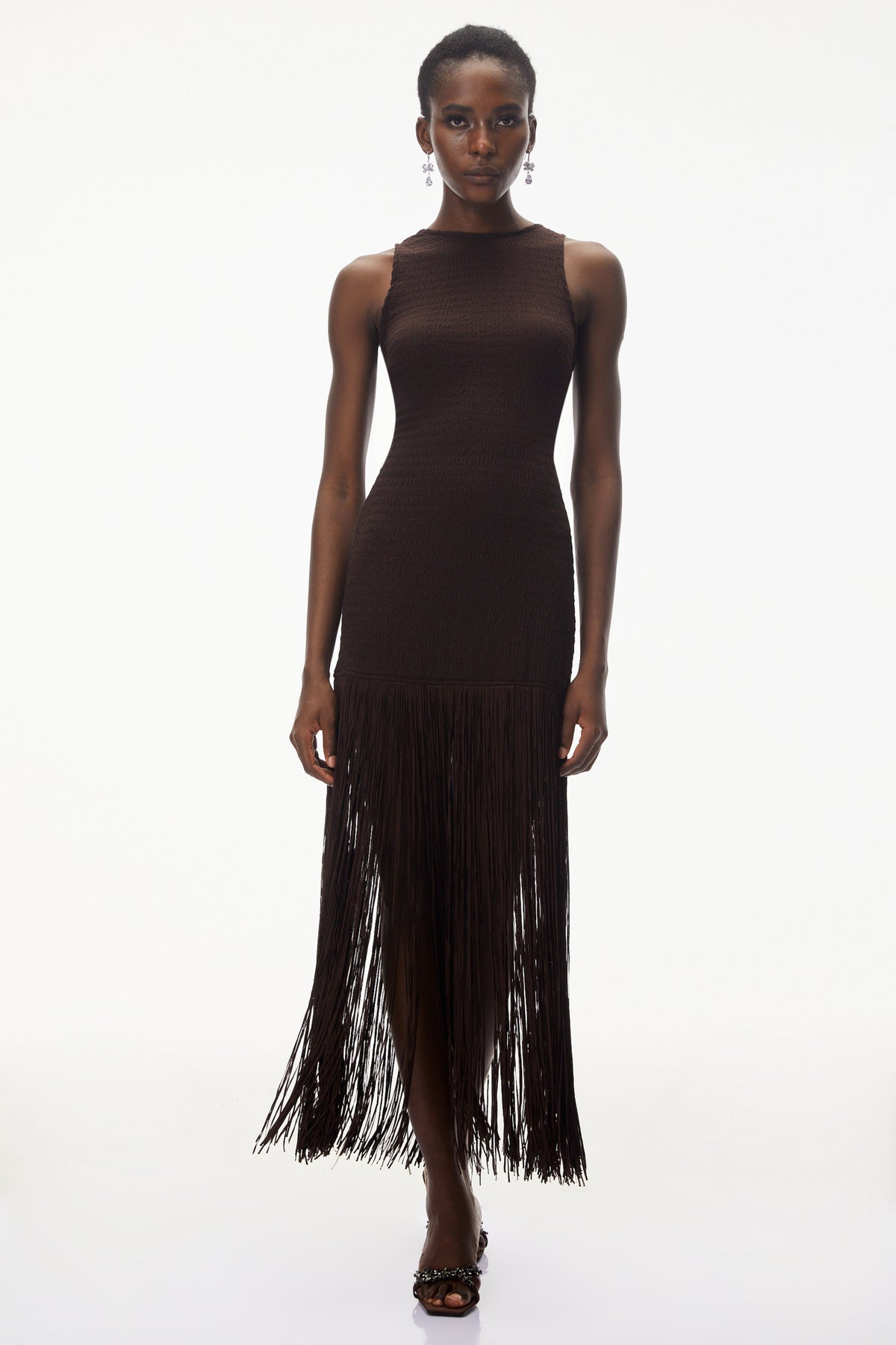Hestia Chocolate Brown Sleeveless Fringed Maxi Dress