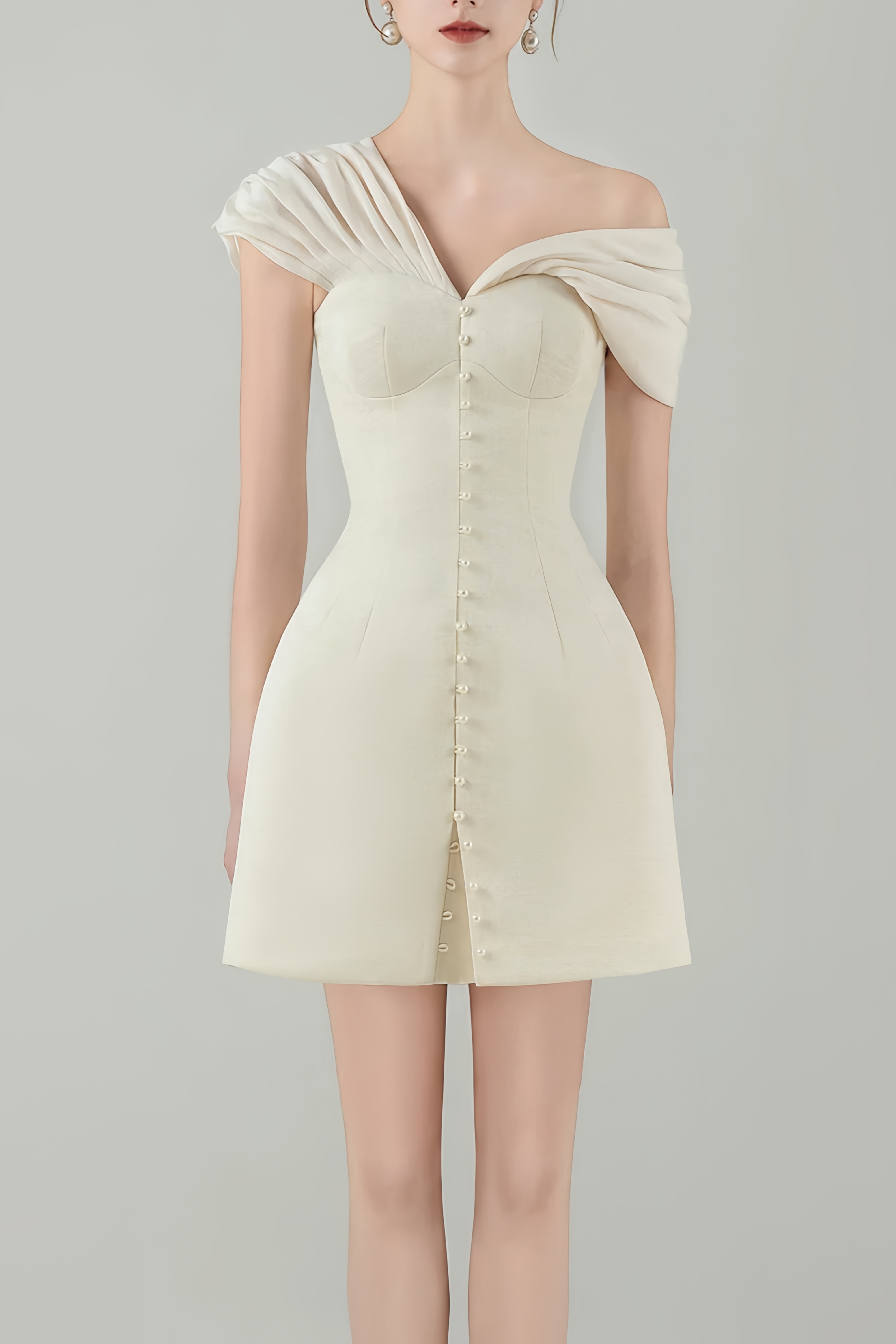 Alistair Cream White Plunge Neck Ruched Mini Dress