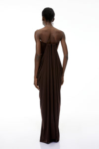 Honoria Chocolate Brown Off Shoulder Maxi Dress