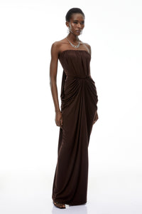 Honoria Chocolate Brown Off Shoulder Maxi Dress