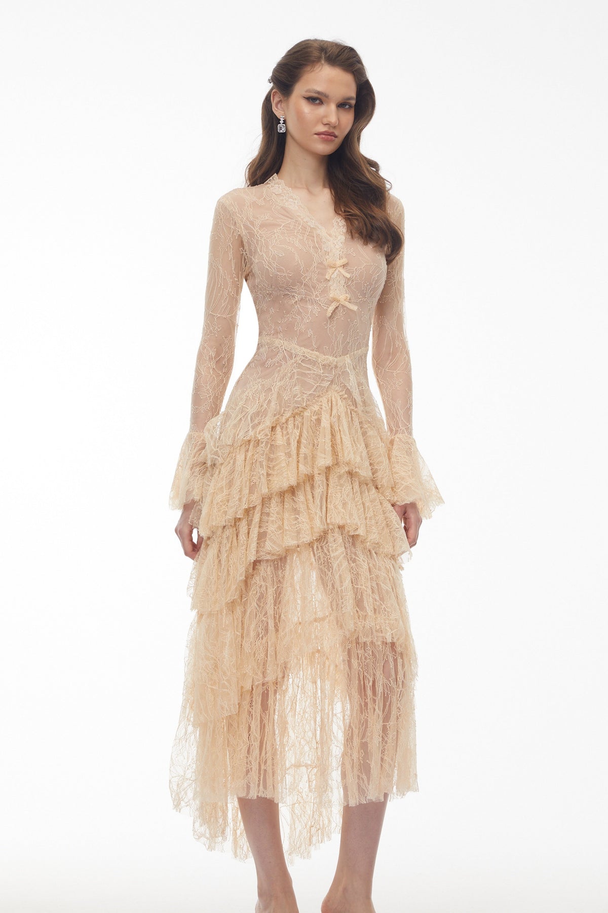 Humayma Beige Lace Tiered Midi Dress