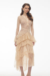 Humayma Beige Lace Tiered Midi Dress