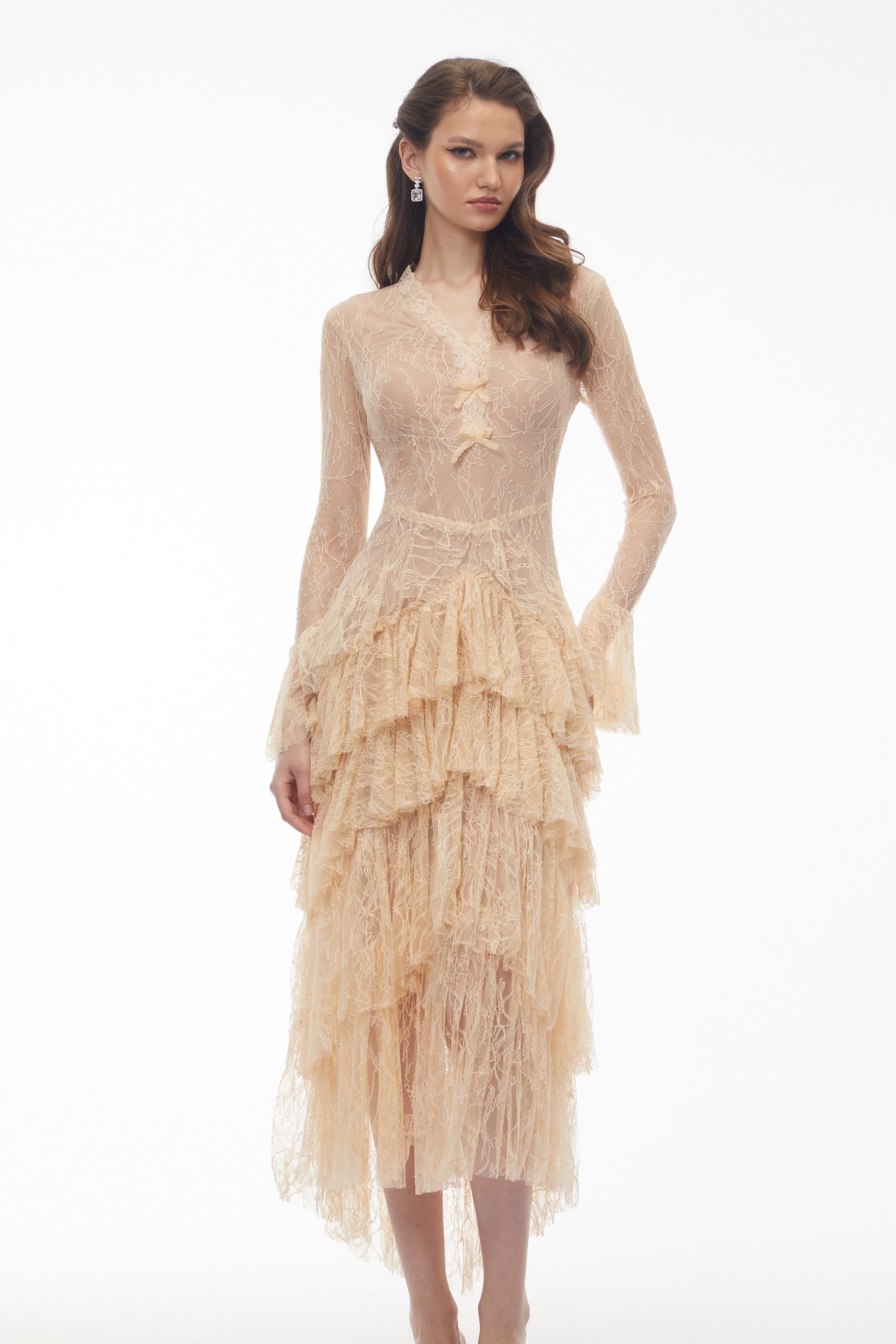 Humayma Beige Lace Tiered Midi Dress