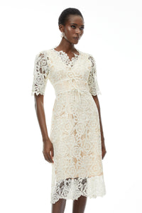 Hypatia Neutral Lace Embroidered Midi Dress