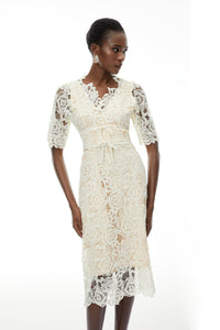 Hypatia Neutral Lace Embroidered Midi Dress