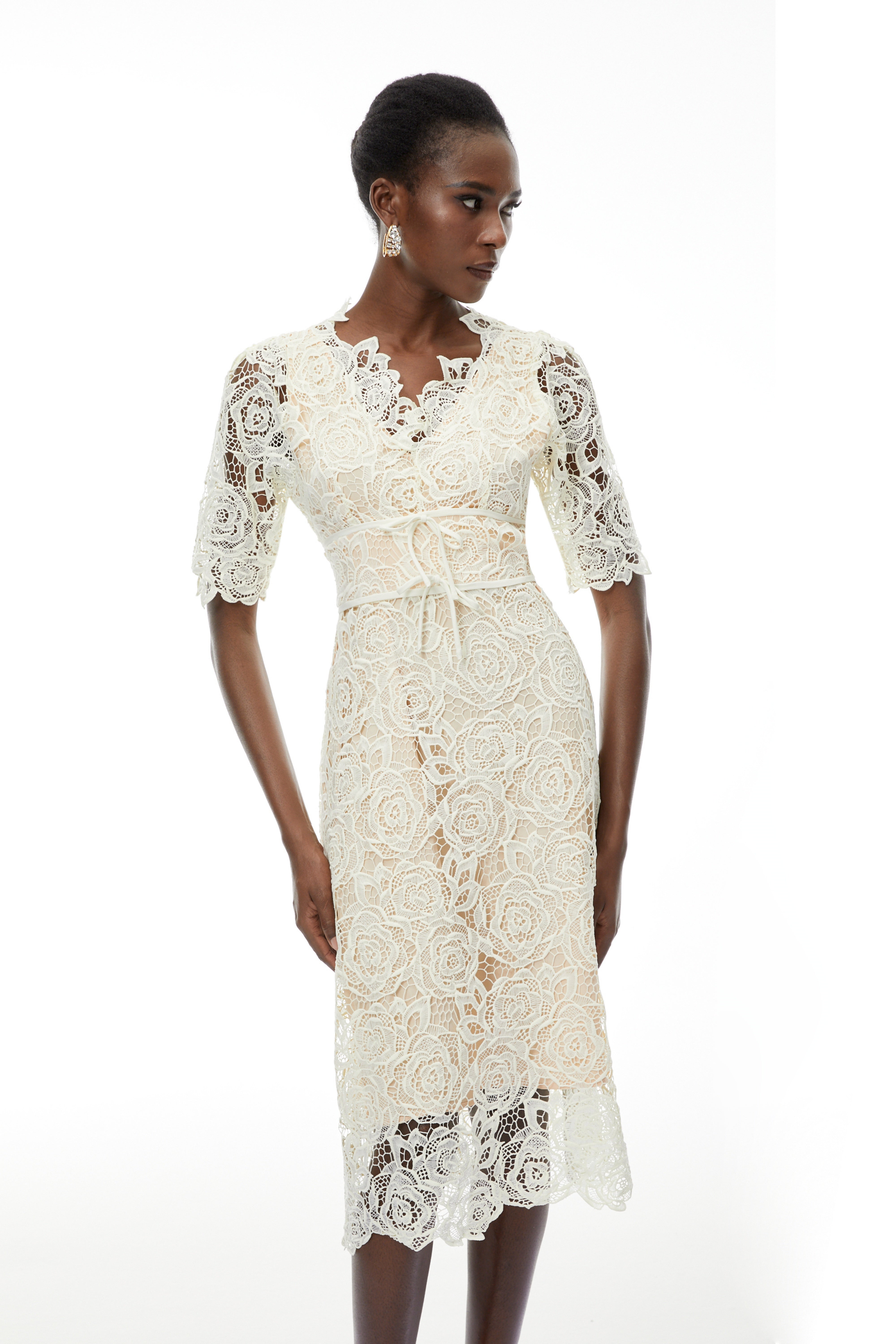 Hypatia Neutral Lace Embroidered Midi Dress