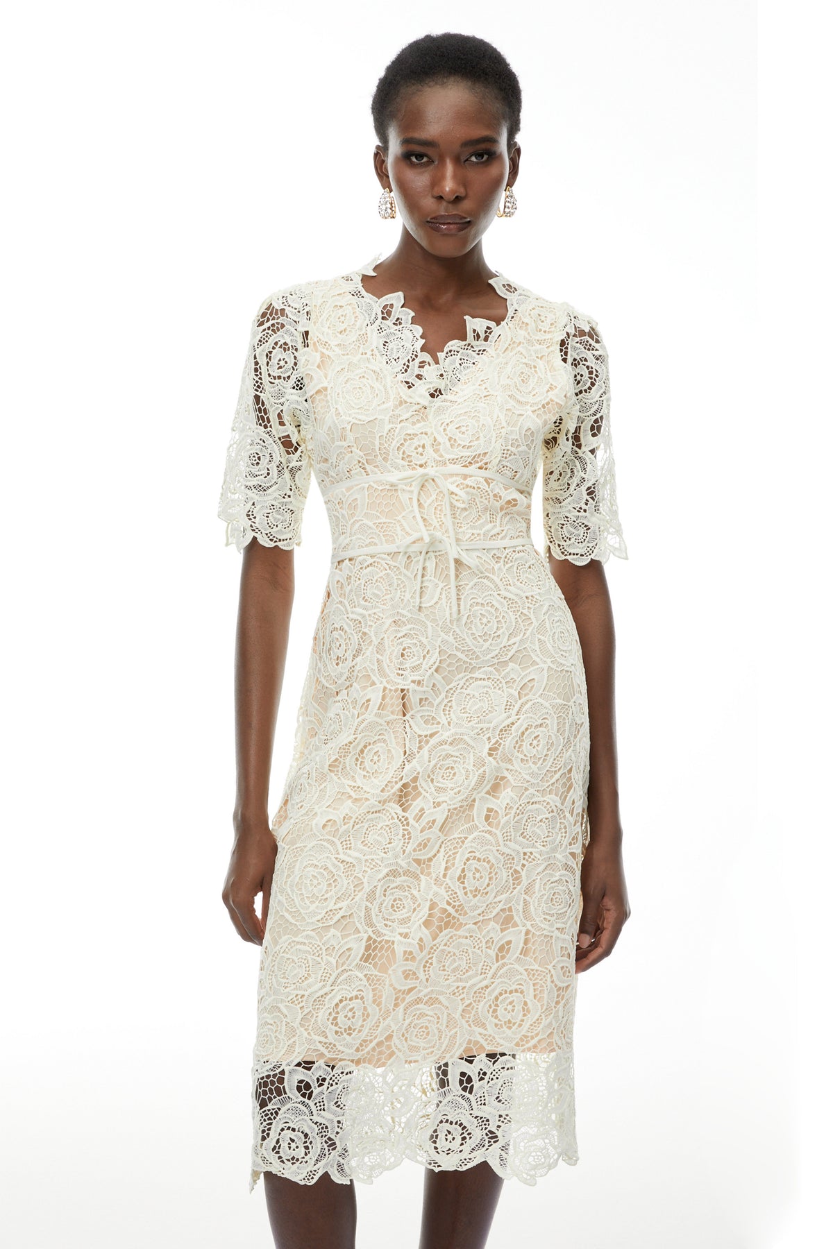 Hypatia Neutral Lace Embroidered Midi Dress