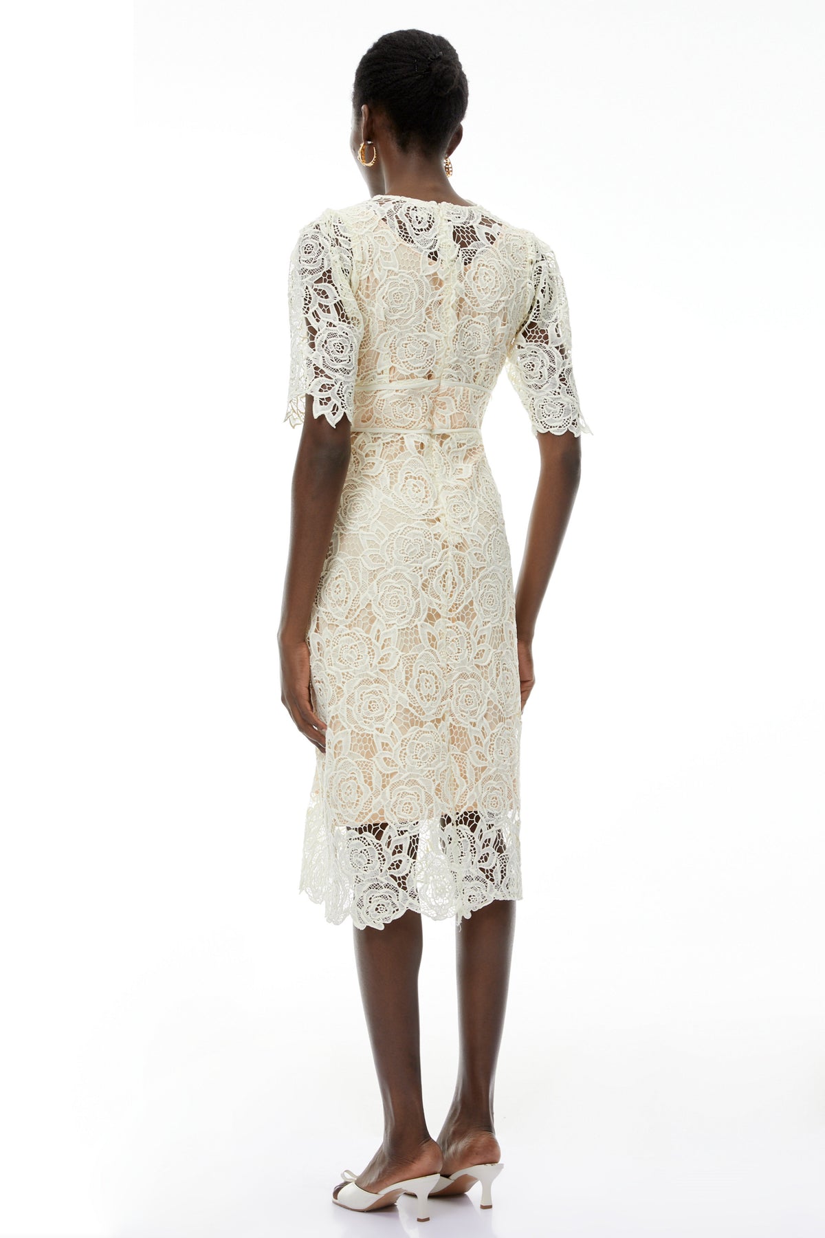 Hypatia Neutral Lace Embroidered Midi Dress