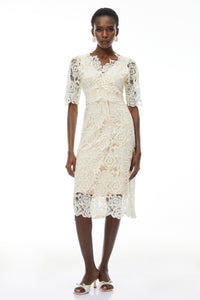 Hypatia Neutral Lace Embroidered Midi Dress