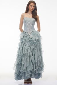 Ianthe Dusty Blue Ruffled Tulle Maxi Dress