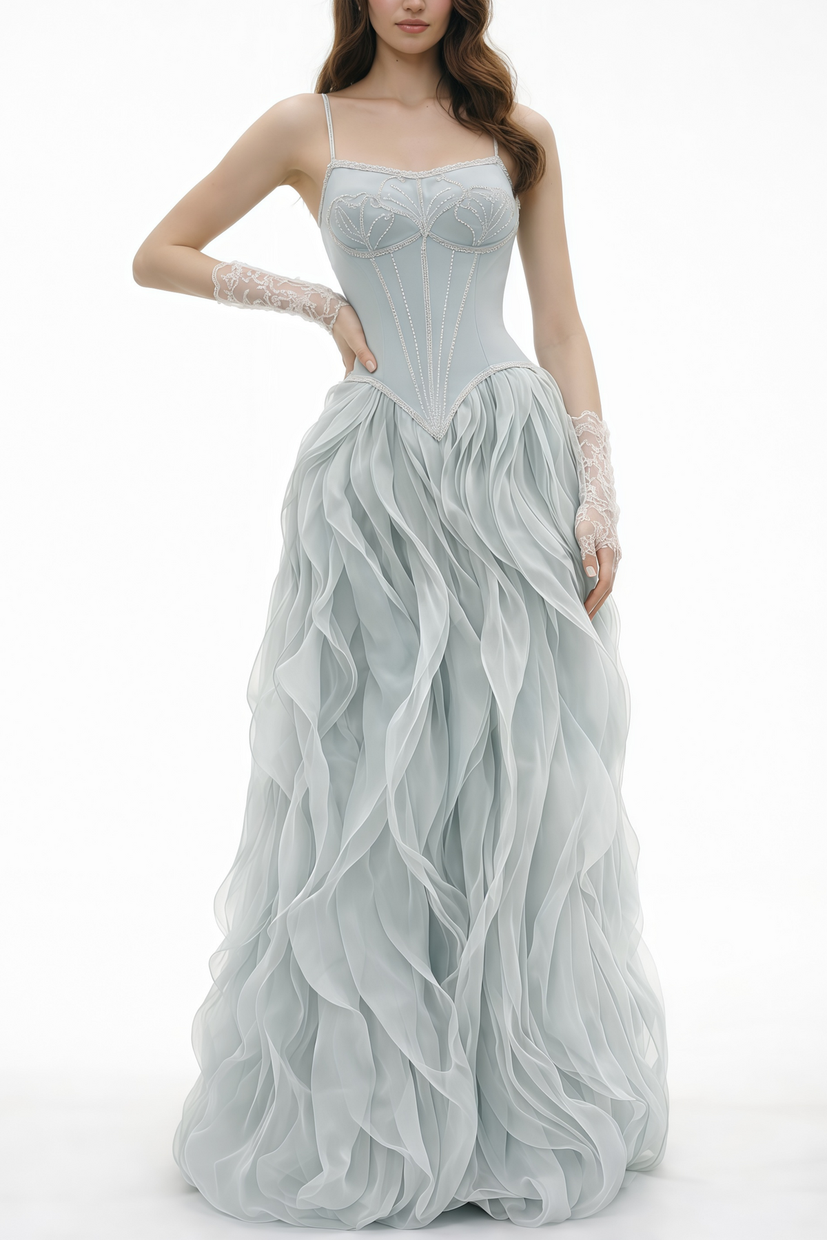 Ianthe Dusty Blue Ruffled Tulle Maxi Dress